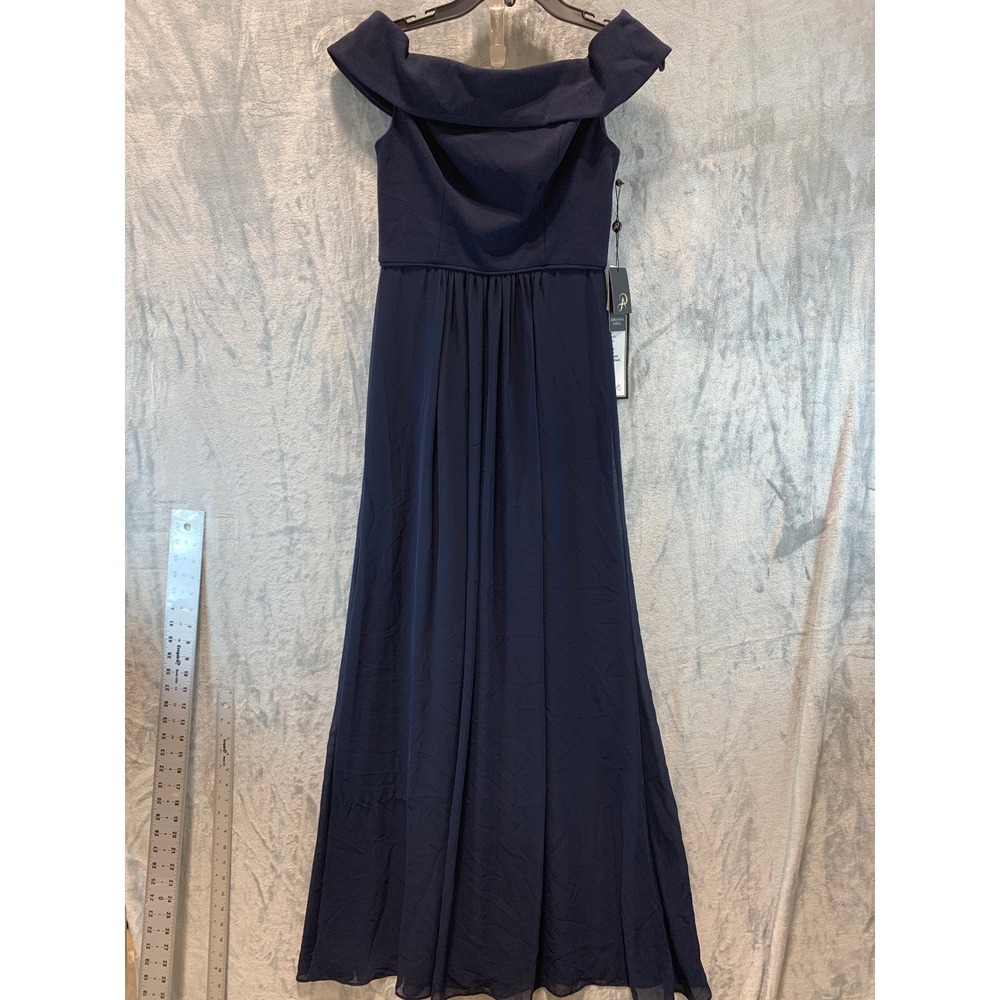 Adrianna Papell Midnight Navy Off the Shoulder Crepe Chiffon Gown AP1E207939 2